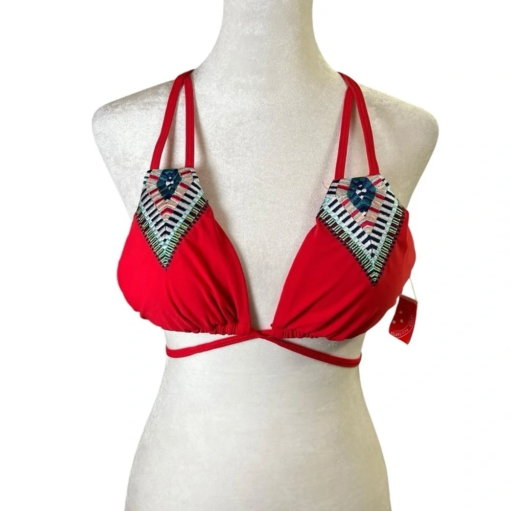 Red Carter Embroidered Bikini Top Size M (8) Strappy Removable Pads Convertible